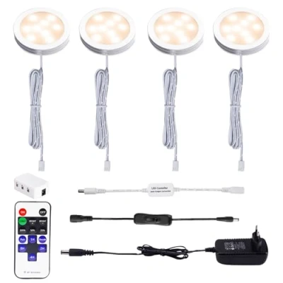 Imagen de AIBOO Led Lámpara debajo de la Gabinete con Control Remoto Inalámbrico RF, Iluminación Redonda Luz Armario, 4 Luces para Escaparate 12V 8W (Blanco Caliente 2700K)