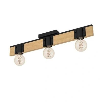 Imagen de Eglo Bailrigg Foco para techo, lámpara techo de 3 luces, FSC100HB, rectangular, madera natural y metal negro, casquillo E27