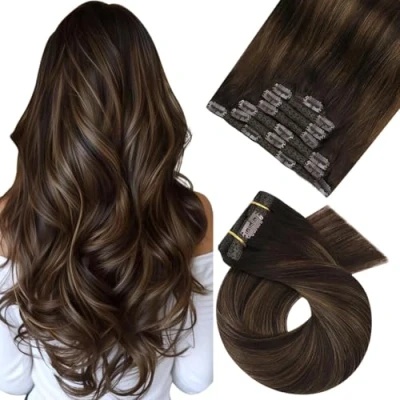 Imagen de Moresoo Extensiones de Clip Pelo Naturel Ombre Remy Balayage #2/6/2 Marrón Oscuro Mezclado con Medio 7PCS/120G 18 Pulgadas