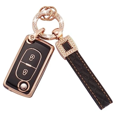 Imagen de Koaudb Funda para Llave de Coche Compatible con Peugeot 107 207 307 307S 308 407 607 807 3008 5008 Citroen C2 C3 C4 C5 C6 C8 Xsara, 2 Botones, Plegable, cordón Cuero Llavero (BP Pgt 2F)