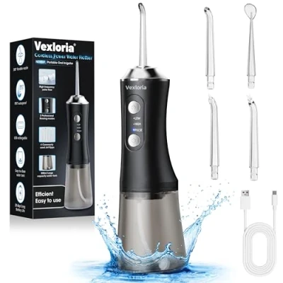 Imagen de Vexloria Irrigador Bucal Portatil Water Flosser, 300ML Dental Profesional 4 Boquillas 3 Modos, Inalámbrico de Riego Para Limpieza IPX7 Impermeable el Hogar y los Viajes Negro