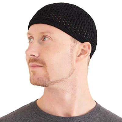 Imagen de Casualbox Tejido Algodón Cráneo Gorra Kufi Islam Oración Sombrero Croché Puntada Tapa Gorros Beanie Hombres Tocados para Todos Temporadas Negro