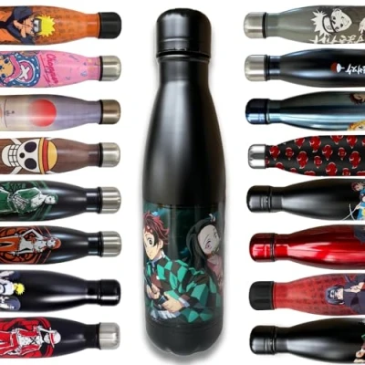 Imagen de Botella de acero aislante doble pared inoxidable reutilizable Demon Slayer negro Mantenimiento caliente y frío 12 horas Para deporte, viaje, diario, 500 ml BPA Free