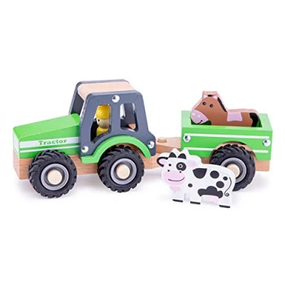 Imagen de New Classic Toys 11941 Nuevos Clásicos Juguetes 1941 Vehículos en Miniatura Simple Modelo Tractor con Remolque y Cifras, Color madera (1941) , color/modelo surtido