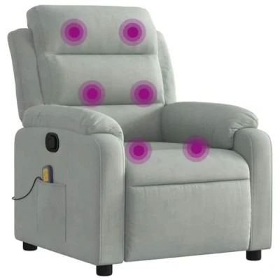 Imagen de vidaXL Sillón Reclinable de Masaje, Silla con Respaldo Reposabrazos, Butaca Relax Descanso TV, Asiento Ajustable para Casa, Terciopelo Gris Claro