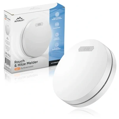 Imagen de ALPENLUFT Detector de Humo Inalámbrico en Red 10 Años Batería, Alarma y Calor 2en1, Incendios, Sin Taladrar, LED Intermitente (Set con 1)