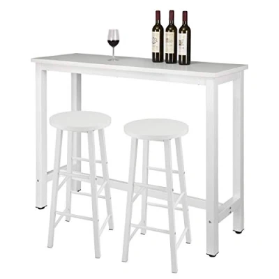Imagen de WOLTU Set Mesa de Bar y 2 uds. Taburete Muebles Cocina Silla Comedor para Salon 140x40x100 cm Estructura Metal, MDF Blanco BT30ws+BH130ws