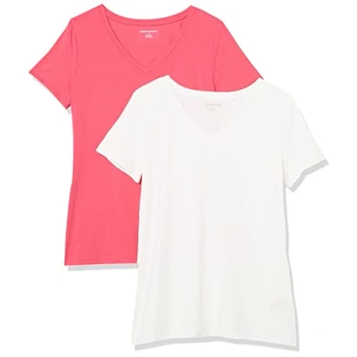 Imagen de Amazon Essentials Camiseta de Cuello en v Manga Corta y Ajuste Clásico Mujer, Pack 2, Rosa Brillante/Blanco, XS