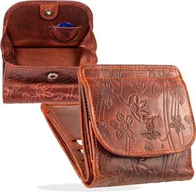 Imagen de MATADOR Pequeña caja de Viena, mini monedero, cartera para hombre, piel pequeña, monedero pequeño mujer con bloqueo RFID, paquete regalo, Flores Marrón, Retro