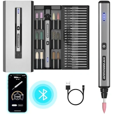 Imagen de ARROWMAX Herramienta rotativa eléctrica inalámbrica, pluma de grabado con 36 bits, caja aluminio, Bluetooth, aplicación, carga magnética madera, vidrio, tallado (SGS MINI)