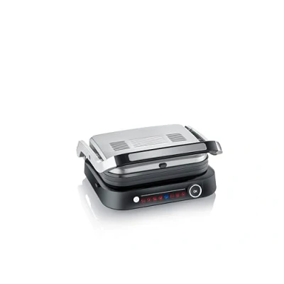 Imagen de SEVERIN SEVINI PRO Parrilla eléctrica y grill de contacto sobremesa, con 7 programas automáticos, plancha sandwichera antiadherente, mesa bandeja recogegrasas, Negro/Plateado,1800 W KG 2395