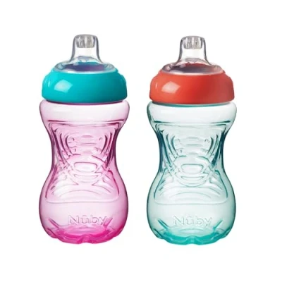 Imagen de Nuby Easy Grip, paquete de 2, vaso con caño para niños, a prueba derrames, fácil sujetar, sin BPA, rosa y naranja