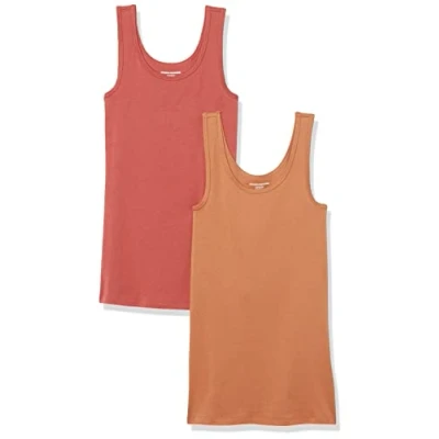 Imagen de Amazon Essentials Camiseta Ajustada sin Mangas Mujer, Pack de 2, Caramelo/Rojo Ladrillo, M