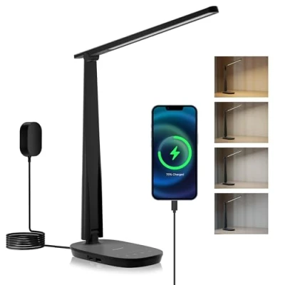 Imagen de Honeywell Lampara Escritorio Led, Sunturalux Flexo Led Plegable para el Cuidado de Los Ojos con Carga dual Lámpara Mesa Regulable en 4 Modos Color Oficina Casa