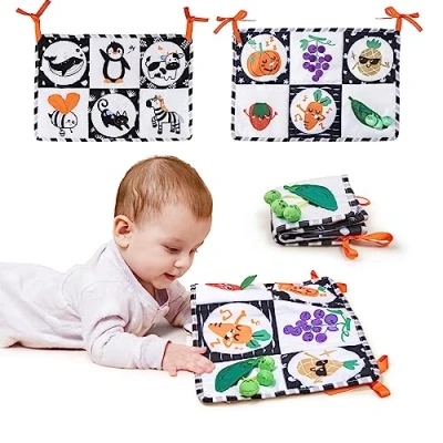Imagen de TUMAMA KIDS Libro de tela en blanco y negro, Libros suaves alto contraste, arrugada, Juguetes sensoriales para bebés 0 a 6 meses, bebé doble cara 0,3,6,12 meses
