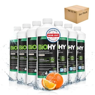 Imagen de BiOHY Limpia suelos para robots de limpieza con aroma a naranja (9 botellas 1 litro) Concentrado todos los sin espuma y rayas sostenible