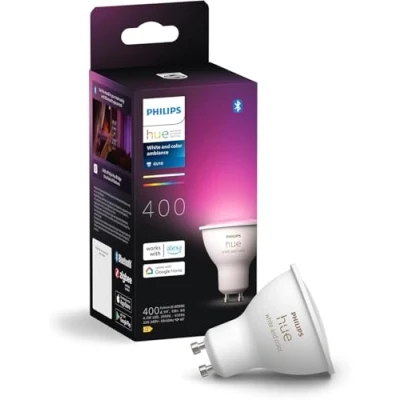 Imagen de Philips Hue Bombilla LED Inteligente, GU10, Luz Blanca y de Colores, 4.2W 400 lúmens, Compatible con Alexa Google Home Pack inteligente