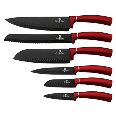 Imagen de Berlinger Haus Burgundy Juego 6 Cuchillos Cocina Profesional, Hoja Acero Inoxidable Recubrimiento Antiadherente Cocinero, Cebollero, Pan, Santoku, Pelar, Mango Ergonómico, Metallic Line Rojo (BH 2542)