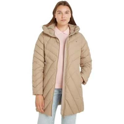 Imagen de Tommy Hilfiger Abrigo de Plumas Mujer Chevron Down Coat con Capucha, Beige (Beige), XL