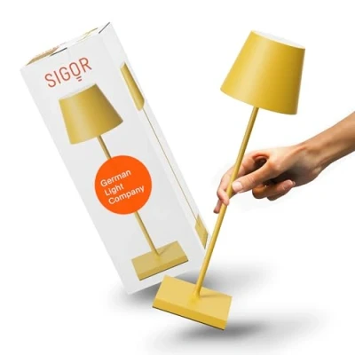 Imagen de SIGOR Nuindie 2.0 Lámpara de mesa LED regulable con batería, para interior y exterior, IP54, resistente a salpicaduras, altura 38 cm, recargable USB C, 12 h duración, color amarillo sol