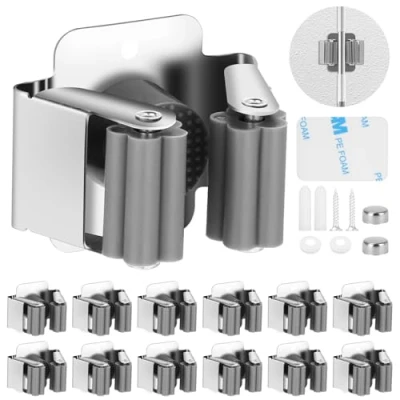Imagen de FAOKZE Soporte Escobas,12 Piezas Fregonas,Colgador de Fregonas,de Acero Inoxidable,Soporte organizador para Colgar Escobas,para Hogar y Cocina Garajes,Plata