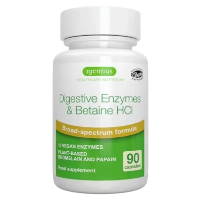 Imagen de Enzimas Digestivas con Betaína HCl y Bromelina, 10 Veganas que Incluyen Papaína Lipasa, Clorhidrato de Betaína, Suplemento Etiqueta Limpia, 90 Cápsulas, Igennus