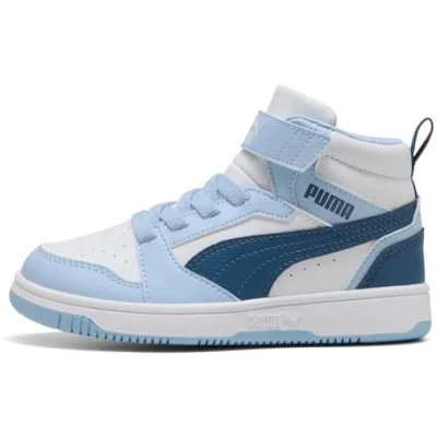 Imagen de Puma Rebound V6 MID Unisex Zapatillas altas para niños, Talla: 33, White/dark indigo/haute tropic Zapatos