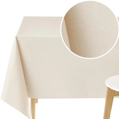Imagen de KP HOME mantel rectangular de PVC color beige crema, 250 x 140 cm, con líneas salpicadero, lavable, vinilo impermeable para comedor o exteriores, grande plástico