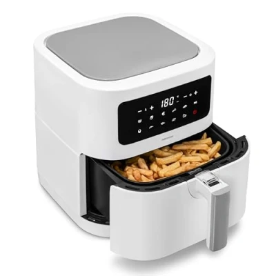 Imagen de MEDION E40 XL Freidora de aire caliente (Cesta freír XXL 5,3 litros, 2.150 vatios, 9 programas automáticos, función hornear, sin aceite, panel control táctil, pantalla LED) blanco