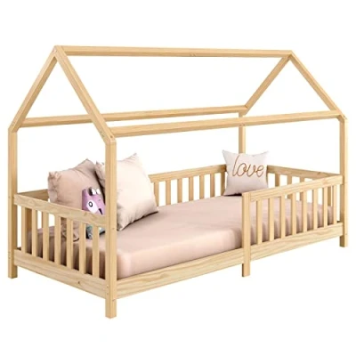 Imagen de IDIMEX cama Nina de pino macizo, bonita Montessori 90 x 200, cuna minimalista con techo natural