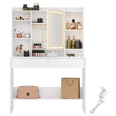 Imagen de VASAGLE Tocador con Luces LED de 3 Colores Brillo Ajustable, Mesa Maquillaje Espejo, Espacioso, Estantes Ajustables, 2 Cajones, Maquillaje, Estilo Moderno, Blanco Nube RDT123T14