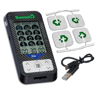 Imagen de TESMED Trio 6.5: Electroestimulador Muscular Recargable con USB 36 Programas, 40 Niveles de Intensidad, 4 Electrodos EMS, TENS y Masaje Ideal para Fitness Terapia del Dolor