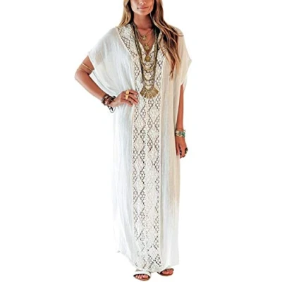 Imagen de YouKD Algodón Hollow Up Floral Caftán Suelto Boho Beach Bikini Cover Vestido Tallas Grandes Loungewear para Mujeres