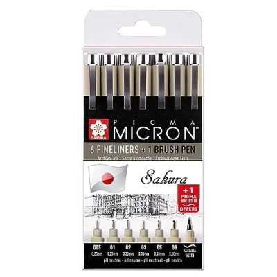 Imagen de PIGMA MICRON Sakura ESPACEBEAUXARTS Manga Set Negro 7 Todas Las Plumas 005,01,02,03,05,08, Brush