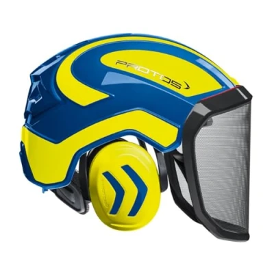 Imagen de Casco de seguridad Protos integral Forest con protección auditiva, color: azul/amarillo, acabado: visor grueso