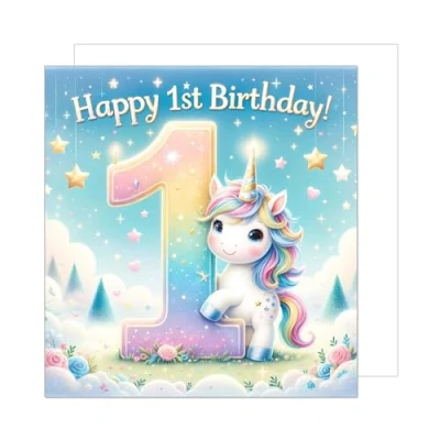 Imagen de Edición Seidel Premium Tarjeta cuadrada de 1er cumpleaños con sobre. felicitación texto &quot;Feliz cumpleaños&quot; para niña, unicornio, rosa (GQ259 SW024)