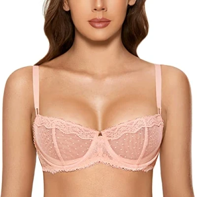 Imagen de DOBREVA Sujetador Balconette Transparente con Aros y Encaje Sexy Sin Forro para Mujer Peachy Keen 95B