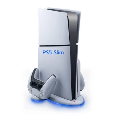 Imagen de Wigearss PS5 Slim Soporte Vertical Ventiladores de Refrigeración, Multifuncional con Velocidad del Ventilador Ajustable en 3 Niveles, 9 Luces RGB para Consola