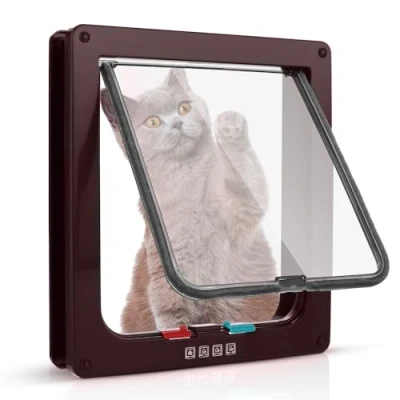 Imagen de Puerta para Gatos Sailnovo 19 * 20 5,5cm, marrón, Talla M, con Cerradura de 4 vías Puertas Interiores y Exteriores, Mascotas Resistente a la Intemperie