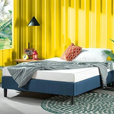 Imagen de Zinus Curtis Estructura de cama tapizada 35 cm, Base para colchón, Soporte láminas madera, Montaje sencillo, 135 x 190 Azul marino