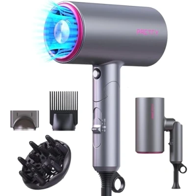 Imagen de Pretfy Secadores de pelo Profesional Iónico,2000W Secador viaje plegable,Salón Hair Dryer con Botón Frío/Calor,3 Ajustes Temperatura,con Difusor,Cepillo, Punta Afilada (Gris)