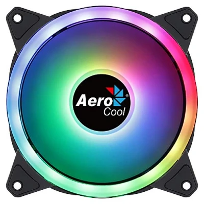 Imagen de Aerocool Duo 12 PC Fan 120mm with Double Ring RGB LED Lighting and 28 LEDs, Includes a 6 Pin Connector, Curved Blades Anti Vibration Pads, ARGB hub Compatible, 1000 RPM, Single Fan, Black