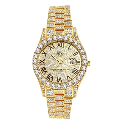 Imagen de JewelryWe Reloj de Diamantes para Hombre Mujer, Cuarzo Analógico con Caja Completa Correa Ancha Desmontable, Dorado