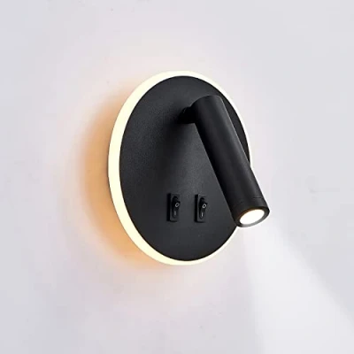Imagen de uksunvi lámpara de pared LED, lectura junto a la cama, lámparas LED 12 W, foco ajustable （3 W + 9 3000 K luz cálida） (negro Forma redonda)