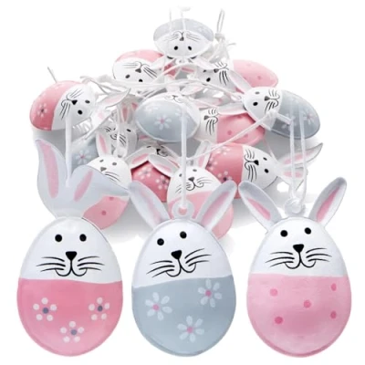 Imagen de com four® 12x Percha Decorativa de Pascua Conejito en Forma Huevo Metal Decoración para Colgar arbustos Huevos Deco (Gris + Rosa)