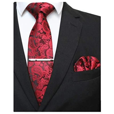 Imagen de JEMYGINS Conjunto de Corbata y Pañuelo para Hombre Elegante Paisley Graziös con Pinza Rojo2