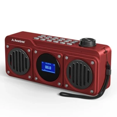 Imagen de Avantree Boombyte Radio FM Portátil Pequeña 4 en 1 y Altavoz Bluetooth con Duales (14W), Volumen Potente, Sonido Estéreo, Lector Micro SD Puerto USB, Reproductor de MP3 Recargable Rojo
