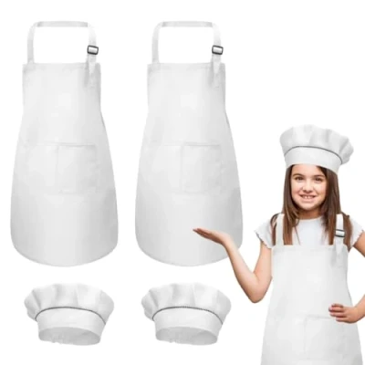 Imagen de DECARETA Delantal de cocina para Niños 2 piezas Sombrero chef ajustable Delantales algodón con bolsillos niñas 4 a 12 años