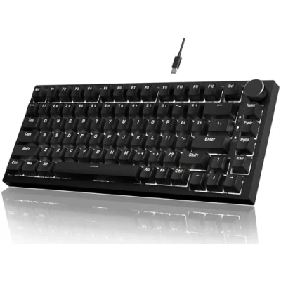 Imagen de YINDIAO Ajazz AK820 Teclado Mecánico con Perilla,Diseño 75% ANSI,82 Teclas,Teclado para Juegos Cable,5 Espumas Absorbentes de Sonido,Hot Swap,Interruptor Rojo,Luz Blanca Hielo,para PC,Mac (Negro)