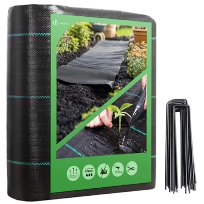 Imagen de VOUNOT Malla Antihierbas con 50 Clavijas de Jardín, Tela Geotextil para Control Maleza, 2 m x 25 m, 100 g/m², Resistente a la Rotura y Estabilizada contra UV